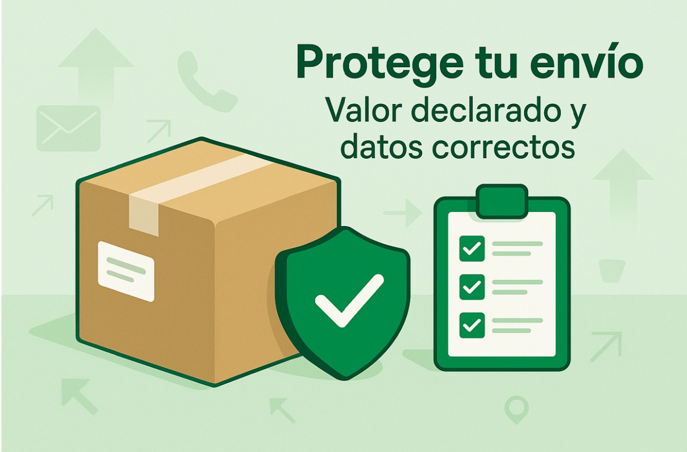 Paquete con escudo y checklist (valor declarado y datos claros)