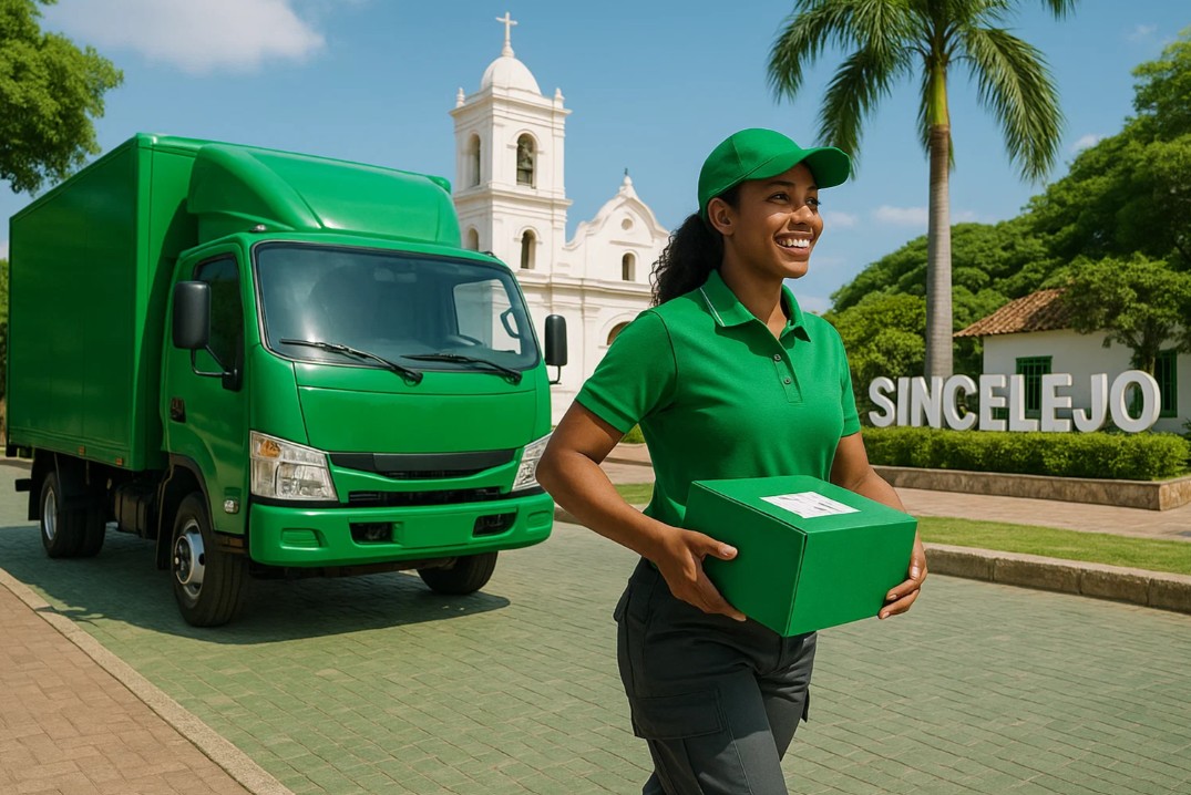 Repartidora sonriente con uniforme verde, sosteniendo un paquete, con un camión de reparto verde y el letrero 'Sincelejo' de fondo.