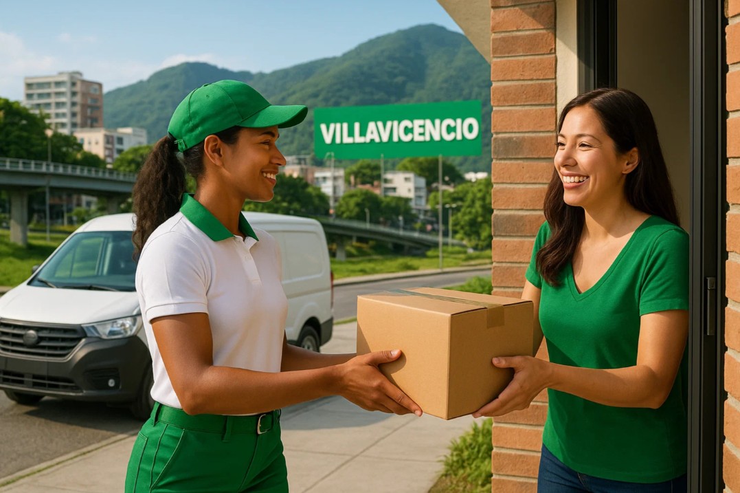 Repartidora sonriente con uniforme , entregando un paquete, con un camión de reparto blanco 